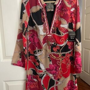 Boston Proper Red and Pink Patterned Dress